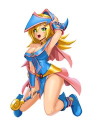  armpits bare_shoulders blue_footwear blush boots breasts chagaun_gim cleavage dark_magician_girl duel_monster female full_body green_eyes hair_between_eyes hand_on_headwear hat highres large_breasts pelvic_curtain pentacle showgirl_skirt simple_background solo wand white_background wizard_hat yu-gi-oh! 