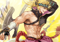  1boy abs axe bad_id bad_pixiv_id bandages bare_pectorals battle_axe blonde_hair blue_eyes changye chest_harness fate/grand_order fate_(series) fingerless_gloves gloves harness headband large_pectorals male_focus muscular muscular_male navel nipple_slip nipples official_alternate_costume over_shoulder pectorals sakata_kintoki_(fate) sakata_kintoki_(heian_warrior_attire)_(fate) single_bare_shoulder single_sleeve smile solo spiked_hair tied_hair weapon weapon_over_shoulder 