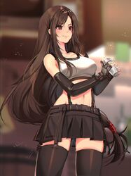  absurdres artist_name black_skirt black_thighhighs blurry blurry_background brown_hair closed_mouth cocktail_shaker commentary crop_top elbow_gloves female final_fantasy final_fantasy_vii final_fantasy_vii_remake fingernails gloves highres holding ku-ini lips long_hair low-tied_long_hair midriff miniskirt navel shiny_clothes signature simple_background skirt smile solo stomach suspender_skirt suspenders tank_top thighhighs tifa_lockhart zettai_ryouiki 