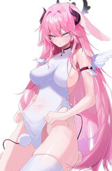  absurdres animal_ears bad_id bad_pixiv_id bare_hips blue_eyes breasts breasts_apart china_dress chinese_clothes choker commentary covered_navel cowboy_shot dress dress_tug female floppy_ears grin hair_between_eyes hair_intakes heart heart_choker highres horns jitome korean_commentary large_breasts long_hair looking_at_viewer messy_hair original pink_hair rabbit_ears rima_(0136) sideboob sidelocks simple_background single_thighhigh smile solo tail thighhighs tsurime very_long_hair white_background white_dress white_thighhighs wings 