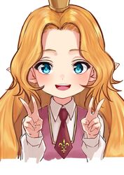  ashford_academy_school_uniform blonde_hair blue_eyes charlotta_(granblue_fantasy) code_geass cosplay crown double_v female granblue_fantasy long_hair looking_at_viewer nazuka_kaori nunnally_vi_britannia nyantiu open_mouth pointy_ears school_uniform simple_background smile solo upper_body v very_long_hair voice_actor_connection white_background 