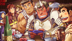  6+boys :p annotated apple arm_hair armor bara beard blonde_hair blue_hair blush bottle bowl broken_horn brown_eyes brown_hair bunta_ru closed_eyes coat colored_sclera colored_skin commentary_request cross_scar cup dark-skinned_male dark_skin dishes doga_(f-kare) drinking_glass earrings everyone facial_hair fafnir_(f-kare) female food fruit game_console gordon_(f-kare) hairy heterochromia highres holding holding_cup horns jewelry leaf leopard_(f-kare) linda_(f-kare) long_sideburns looking_at_another male_focus mature_male mole mole_under_eye monster_boy mouth_hold multiple_boys muscular muscular_male one_eye_closed oni_horns open_mouth orgus_(f-kare) pointy_ears red_eyes red_hair red_skin scar scar_on_face scar_on_forehead scar_on_nose short_hair shoukan_yuusha_to_f-kei_kareshi sideburns signature smile sol_(f-kare) stalk_in_mouth stubble sweatdrop thick_eyebrows tongue tongue_out toy tusks wine_bottle wine_glass yellow_eyes yellow_sclera 