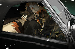  aak_(arknights) anthro arknights black_body black_clothing black_fur black_hair canid canine canis car closed_eyes clothing costume domestic_cat domestic_dog duo ear_piercing felid feline felis fur hair hi_res horn hung_(arknights) hypergryph inside_car kissing long_hair male male/male mammal mochidaxxx necktie orange_body orange_fur piercing romantic romantic_couple shirt studio_montagne tan_body tan_fur topwear vehicle white_body white_fur 