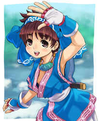  ainu_clothes arm_up armpit_peek bad_id bad_pixiv_id blue_hairband blue_kimono blush breasts brown_eyes brown_hair commentary downblouse female fingerless_gloves gloves hairband japanese_clothes kimono looking_at_viewer open_mouth rimururu samurai_spirits sash small_breasts smile solo stupa13a teeth upper_teeth_only wrist_guards 