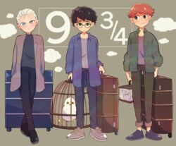  3boys amazou bird black_hair blonde_hair blue_eyes cage draco_malfoy glasses green_eyes harry_potter harry_potter_(series) harry_potter_and_the_philosopher&#039;s_stone hedwig highres holding holding_suitcase jacket luggage mouse_(animal) multiple_boys orange_hair owl rolling_suitcase ron_weasley scabbers scar scar_on_face scar_on_forehead short_hair smile suitcase turtleneck wizarding_world 