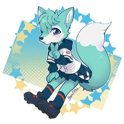  1:1 2023 anthro bano_akira blue_body blue_eyes blue_fur blush bottomwear canid canine chibi cleats clothed clothing cosplay crossdressing digital_media_(artwork) footwear fox frutiger_metro fur gesture hand_gesture hatsune_miku hi_res hoodie jersey looking_at_viewer male mammal nippon_professional_baseball one_eye_closed roflfox saitama_seibu_lions shoes skirt socks solo star topwear v_sign vocaloid white_body white_fur wink winking_at_viewer y2k_(graphic_design) 