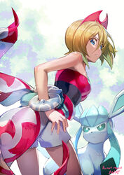  blonde_hair blue_eyes bracelet closed_mouth commentary_request dai-xt eyelashes female frown glaceon hair_between_eyes hairband highres irida_(pokemon) jewelry looking_down medium_hair pokemon pokemon_(creature) pokemon_legends:_arceus red_hairband sash shirt shorts strapless strapless_shirt waist_cape white_shorts 