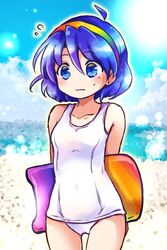  alternate_costume arms_behind_back beach blue_eyes blue_hair blue_sky bodyboard closed_mouth cloud commentary cowboy_shot day female flying_sweatdrops hairband horizon looking_at_viewer multicolored_hairband ocean one-piece_swimsuit outdoors pote_(ptkan) short_hair sky solo standing sweatdrop swimsuit tenkyuu_chimata touhou white_one-piece_swimsuit 