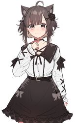  absurdres animal_ears annin_miru belt black_belt black_bow black_choker black_flower black_skirt bow breasts brown_eyes brown_hair cat_ears choker clenched_hand collarbone female flower hair_flower hair_ornament heart heart_choker highres indie_virtual_youtuber medium_breasts shirasu_uni shirt shirt_tucked_in short_hair simple_background skirt smile solo two_side_up virtual_youtuber white_background white_shirt 