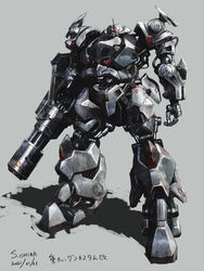  chain_gun chiba_shinichi dated glowing glowing_eye gouf_custom grey_background gundam gundam_08th_ms_team highres horns looking_at_viewer mecha no_humans one-eyed open_hand red_eyes redesign robot science_fiction shield single_horn solo 