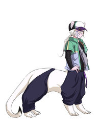  animal_ears baseball_cap black_shirt blue_eyes casual centauroid female full_body hair_between_eyes hat imacomai jacket kanabi_(mountain_of_heaven) pants pixiv_fantasia pixiv_fantasia_mountain_of_heaven ponytail shirt simple_background solo standing taur white_background white_hair 