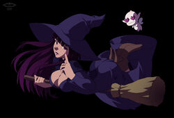  ass berserk breasts broom brown_footwear butt_crack cleavage cleavage_cutout clothing_cutout dress female hat heart heart-shaped_pupils high_heels lipstick long_hair makeup morda nail_polish nopperabo-desu puck_(berserk) purple_dress purple_eyes purple_lips symbol-shaped_pupils witch witch_hat 