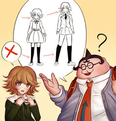  2boys ? arrow_(symbol) bangs brown_eyes brown_hair commentary danganronpa:_trigger_happy_havoc danganronpa_(series) english_commentary fat fat_man flipped_hair fujisaki_chihiro glasses gradient gradient_background green_shirt grey_jacket jacket kneehighs ktokei_(kurokku-tokei) long_sleeves looking_at_viewer multiple_boys multiple_views neck_ribbon necktie orange_neckwear pleated_skirt ribbon round_eyewear school_uniform shirt shoes short_hair skirt smile speech_bubble spoken_character spoken_x thighhighs white_shirt yamada_hifumi 