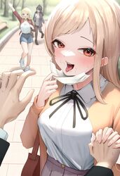  1boy 3girls absurdres bad_id bad_twitter_id blouse blush brown_eyes cum cum_in_mouth cum_on_mask hachimiya_meguru highres holding_hands idolmaster idolmaster_shiny_colors implied_after_fellatio implied_fellatio kazano_hiori light_brown_hair mask_pull multiple_girls outdoors pov producer_(idolmaster) sakuragi_mano shirt straight stray_pubic_hair ushikani_kassen 