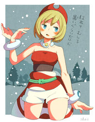  absurdres arm_wrap bare_shoulders blonde_hair border fanning_self female hairband highres irida_(pokemon) jewelry neck_ring pokemon pokemon_legends:_arceus red_hairband red_shirt shirt sho.t short_hair shorts snow solo strapless strapless_shirt waist_cape white_border white_shorts 