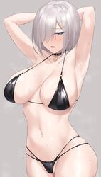  absurdres armpits arms_up bikini black_bikini black_choker blue_eyes blush breasts choker cleavage commentary_request female grey_background grey_hair hair_ornament hair_over_one_eye hairclip hamakaze_(kancolle) highres kantai_collection large_breasts looking_at_viewer navel one_eye_covered paid_reward_available parted_lips sateridas short_hair sideboob simple_background solo stomach swimsuit 