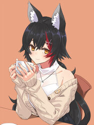  animal_ear_fluff animal_ears bare_shoulders black_hair black_skirt blush brown_sweater cup female hair_ornament hairpin halterneck hashtag-only_commentary hayama_kazusa highres holding holding_cup hololive jewelry long_hair long_sleeves looking_at_viewer multicolored_hair necklace official_alternate_costume ookami_mio ookami_mio_(street) red_hair shirt simple_background skirt sleeveless sleeveless_shirt smile solo streaked_hair sweater unbuttoned virtual_youtuber white_shirt wolf_ears wolf_girl yellow_eyes 