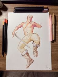  1boy abs art_tools_in_frame bara blonde_hair boots brown_footwear colored_pencil commentary dungeon_meshi english_commentary finger_to_mouth full_body hand_up highres holding holding_sword holding_weapon jumping knee_boots laios_touden large_pectorals licking licking_finger looking_at_viewer male_focus muscular muscular_male navel nipples pants pectorals pencil photo_(medium) plump short_hair signature solo sparse_navel_hair sword thedamnthinguy topless_male traditional_media undercut weapon winged_sword yellow_pants 