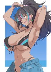  absurdres aqua_hair arm_behind_head armpits bikini black_bikini black_hair blue_shorts bracelet breasts brown_eyes collarbone dark-skinned_female dark_skin earrings female hair_between_eyes hair_ornament highleg highleg_bikini highres indie_virtual_youtuber jewelry kichihachi large_breasts multicolored_bikini multicolored_clothes navel neon_harper one_eye_closed open_fly open_mouth pink_hair ponytail second-party_source shorts solo swimsuit teeth upper_teeth_only virtual_youtuber 