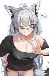  absurdres ahoge animal_ear_fluff animal_ears aqua_eyes black-framed_eyewear black_shirt blush breasts cleavage female fox_ears fox_girl fox_shadow_puppet fox_tail glasses green_eyes hair_between_eyes highres hoangryu hololive large_breasts long_hair looking_at_viewer official_alternate_costume over-rim_eyewear see-through see-through_shirt semi-rimless_eyewear shirakami_fubuki shirakami_fubuki_(loungewear) shirt side-tie_shirt sidelocks simple_background smile solo tail two-tone_tail virtual_youtuber white_background white_hair 