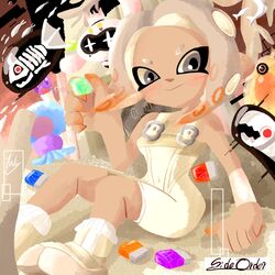  agent_8_(splatoon) bodysuit brown_hair closed_mouth color_chip_(splatoon) commentary_request copyright_name dark-skinned_female dark_skin eyelashes female full_body gradient_hair grey_eyes grey_hair highres looking_at_viewer marching_andante masukaraido medium_hair multicolored_hair octoling octoling_girl octoling_player_character pearl_drone_(splatoon) school_of_fish shoes sitting sleeveless sleeveless_bodysuit smile socks splatoon_(series) splatoon_3 splatoon_3:_side_order swarming_languendo tentacle_hair thick_eyebrows two-tone_hair white_bodysuit white_footwear white_socks 