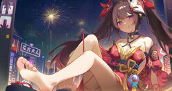  :p aerial_fireworks arm_at_side arm_rest bare_shoulders barefoot black_gloves blush bow brown_hair building city closed_mouth dress feet female fireworks floating_hair foreshortening fox_mask full_body gloves gradient_hair hairbow highres hongshi_(13234456009) honkai:_star_rail honkai_(series) knees_up long_hair looking_at_viewer mask mask_on_head multicolored_hair night night_sky obi outdoors pink_eyes red_bow red_dress red_hair sandals sash short_dress sitting sky sleeveless sleeveless_dress smile soles solo sparkle_(honkai:_star_rail) toes tongue tongue_out twintails unworn_sandals very_long_hair 