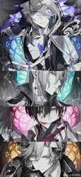  5boys alkaid_mcgrath angel_wings aqua_eyes arm_ribbon armor ascot ayn_alwyn big_dipper blood blood_from_mouth blood_on_hands blue_eyes blue_gemstone blue_scales body_markings bow bowtie brooch cael_anselm clarence_clayden closed_mouth coat coat_on_shoulders collared_coat collared_shirt constellation copyright_name curtained_hair dangle_earrings demon_boy demon_horns earrings expressionless facial_mark falling_feathers feathered_wings feathers gauntlets gem gloves greyscale grin hair_between_eyes half-closed_eyes half_updo halo halo_behind_head hand_to_own_mouth highres horns interlocked_fingers jacket jewelry lapels lars_rorschach light_particles light_smile long_bangs long_hair long_sleeves looking_at_viewer lovebrush_chronicles male_focus mechanical_wings mole mole_under_eye monochrome multiple_boys official_alternate_costume official_art own_hands_together pauldrons popped_collar portrait purple_eyes red_eyes red_ribbon ribbon robe scales shadow shirt short_hair shoulder_armor sidelocks sideways_glance single_earring single_pauldron sleeves_past_wrists smile spot_color ssr_dianji_jiu_song stained_glass star_(symbol) star_earrings upturned_eyes veil weibo_logo weibo_watermark wings 