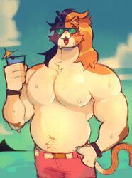  :3 anthro belly beverage blush bodily_fluids bottomwear bracelet calico_cat clothing cloud domestic_cat epic_games eyewear felid feline felis fortnite fur hair hand_in_pocket hi_res holding_beverage holding_object jewelry long_hair male mammal meowscles moobs multicolored_body multicolored_fur multicolored_hair musclegut muscular navel open_mouth open_smile pockets purradise_meowscles scraffyraccoon sea shorts sky slightly_chubby smile solo sunglasses sweat tail water wearing_sunglasses 