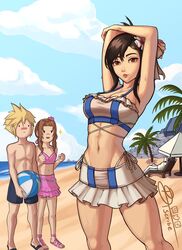  2boys 2girls aerith_gainsborough aerith_gainsborough_(pink_mermaid) arms_up ball barret_wallace beach beachball bikini bikini_skirt black_hair blonde_hair breasts brown_eyes brown_hair cloud_strife cloud_strife_(wild_surf) commentary_request dtscribe final_fantasy final_fantasy_vii final_fantasy_vii_rebirth final_fantasy_vii_remake flat_chest flower frilled_bikini frills hair_flower hair_ornament highres implied_yuri large_breasts looking_at_viewer multiple_boys multiple_girls navel official_alternate_costume official_alternate_hairstyle sparkle stomach swimsuit tifa_lockhart tifa_lockhart_(shining_spirit) toned toned_female 