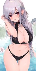  2girls adjusting_hair ass_visible_through_thighs bikini black_bikini black_hair blue_eyes blush braid breasts closed_mouth eiai_nano grey_hair groin hair_between_eyes halterneck highres kimi_no_koto_ga_dai_dai_dai_dai_daisuki_na_100-nin_no_kanojo kngu0511 large_breasts long_hair looking_at_viewer multiple_girls navel parted_lips red_eyes single_braid solo_focus swimsuit very_long_hair white_background yoshimoto_shizuka 