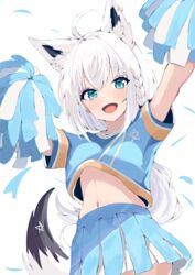  :d ahoge alternate_costume animal_ear_fluff animal_ears aqua_eyes arms_up blue_shirt blue_skirt braid cheerleader commentary cowboy_shot cropped_shirt earrings female fox_ears fox_girl fox_tail hair_between_eyes highres holding holding_pom_poms hololive jewelry long_hair looking_at_viewer midriff natsuki_(natsu_1936) navel pentagram pom_pom_(cheerleading) shirakami_fubuki shirt side_braid sidelocks simple_background single_earring skirt smile solo tail very_long_hair virtual_youtuber white_background white_hair 