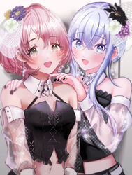  2girls bare_shoulders black_shirt blue_hair blush detached_collar detached_sleeves fingernails flower hair_flower hair_ornament hand_on_another&#039;s_shoulder highres idolmaster idolmaster_shiny_colors ikuta_haruki looking_at_viewer magic_hour_offering_(idolmaster) midriff multiple_girls nail_polish navel pink_hair prune6ange see-through see-through_sleeves shirt smile stomach suzuki_hana 