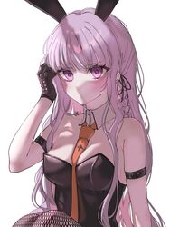  animal_ears armband artist_name bare_shoulders black_gloves black_leotard braid breasts cleavage close-up closed_mouth colorized commentary_request danganronpa:_trigger_happy_havoc danganronpa_(series) detached_collar fake_animal_ears female fishnet_pantyhose fishnets gloves hair_ribbon hand_in_own_hair highres kirigiri_kyoko knees_up leotard long_hair looking_at_viewer medium_breasts mi_loveyouuu necktie orange_necktie pantyhose playboy_bunny pote_(pote_39) purple_eyes purple_hair rabbit_ears ribbon sitting solo strapless third-party_edit white_background 