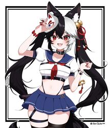  animal_ear_fluff animal_ears bell belt belt_collar black_belt black_hair black_thighhighs blue_sailor_collar blue_skirt bracelet breasts collar collarbone cowboy_shot crop_top crossed_bangs female fox_ears fox_girl fox_mask fox_tail gammainkk hair_bell hair_between_eyes hair_ornament highleg highleg_panties indie_virtual_youtuber jewelry long_hair mask mask_on_head midriff mole mole_under_each_eye mole_under_eye multiple_moles neckerchief oerba_yun_fang open_mouth panties pleated_skirt puffy_short_sleeves puffy_sleeves red_eyes red_nails red_neckerchief sailor_collar short_sleeves skin_fang skirt solo tail takae_(poupee_en_biscuit) tassel thighhighs twintails twitter_username underwear virtual_youtuber white_hair 