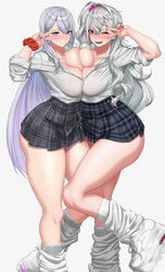  2girls absurdres areola_slip ass breast_press breasts earrings genderswap_(mtf) grey_hair gyaru highres higuchi_kaede jewelry karasu_(jjwh2832) kuzuha_(nijisanji) large_breasts long_hair loose_socks miniskirt mole mole_under_eye multiple_girls nijisanji one_eye_closed platform_footwear purple_eyes red_eyes rule_63 sanya_(kuzuha) school_uniform scrunchie side_ponytail skirt socks symmetrical_docking very_long_hair virtual_youtuber wrist_scrunchie 