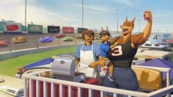  2024 5_fingers absurd_res anthro apron beverage_can big_breasts blue_eyes bottomwear breasts brown_body brown_fur canid canine canis car closed_eyes clothed clothing dale_earnhardt daniel_porter daniel_porter_jr. day digit_ring dobermann domestic_dog earmuffs english_text eyebrows father_(lore) father_and_child_(lore) father_and_son_(lore) female fingers footwear fur good_parenting greasymojo grill group hi_res huge_breasts huge_filesize husband_and_wife jewelry male mammal married_couple mother_(lore) mother_and_child_(lore) mother_and_son_(lore) multicolored_body multicolored_fur open_mouth outside pants parent_(lore) parent_and_child_(lore) parent_and_son_(lore) pinscher ring shirt shoes shorts signature slice_of_life son_(lore) standing t-shirt teeth text tongue topwear tracy_porter trio two_tone_body two_tone_fur vehicle wedding_ring young 