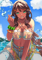  andromeda_(fate) andromeda_(second_ascension)_(fate) bandeau bare_shoulders bikini bikini_under_clothes blue_sky bracelet braid breasts brown_hair chains cleavage criss-cross_halter cross-laced_clothes crown_braid dark-skinned_female dark_skin denim fate/grand_order fate_(series) female green_eyes grey_pants grin halterneck highleg highleg_bikini highres jeans jewelry ksfactory large_breasts long_hair looking_at_viewer low_ponytail multicolored_bikini multicolored_clothes navel pants rainbow_bikini see-through sidelocks sky smile solo swimsuit water 