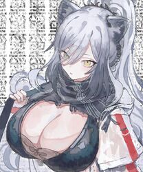  absurdres animal_ears arknights black_scarf breasts cat_ears cat_girl cleavage earpiece female grey_hair grey_scarf hair_between_eyes highres holding huge_breasts jacket long_hair looking_at_viewer parted_lips ponytail rocb scarf schwarz_(arknights) solo white_jacket yellow_eyes 