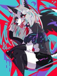  abstract_background anthro armwear black_clothing black_legwear black_thigh_highs bleh boob_tube bottomwear canid canid_demon canine cellphone clothed clothing collar demon ear_piercing ear_ring ears_up elbow_gloves electronics eye_through_hair eyebrows eyelashes eyeliner fangs fangs_bared female fingerless_gloves fingernails flipping_viewer_off fluffy fur gesture gloves grey_body grey_fur hair hand_gesture handwear hellhound helluva_boss hi_res laverne_3r legwear looking_at_viewer loona_(helluva_boss) makeup mammal middle_finger mythological_canine mythological_creature mythology nails notched_ear phone piercing red_sclera ring_piercing rude shorts smartphone solo spiked_collar spikes taunting teeth thick_thighs thigh_highs tongue tongue_out translucent translucent_hair white_body white_eyes white_fur white_hair 