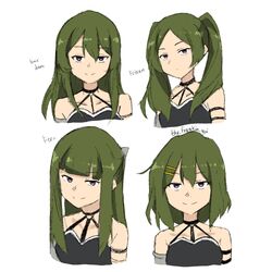  alternate_hairstyle arm_strap blunt_bangs choker commentary cosplay cropped_shoulders english_text female fern_(sousou_no_frieren) fern_(sousou_no_frieren)_(cosplay) frieren frieren_(cosplay) green_hair hair_between_eyes hair_down hair_ornament hair_over_shoulder hairclip highres hirasawa_yui hirasawa_yui_(cosplay) k-on! long_hair looking_at_viewer multiple_views o-ring o-ring_choker parted_bangs purple_eyes short_hair simple_background sousou_no_frieren symbol-only_commentary the_freakin_yui twintails ubel_(sousou_no_frieren) white_background 