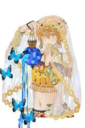  arabian_clothes armlet bity3155660241 blue_butterfly border bug butterfly circlet closed_mouth colored_eyelashes cowboy_shot dripping female flower full_moon hand_on_own_chin holding holding_lantern hoshizora_rin lace-trimmed_skirt lace_trim lantern leaf lily_pad love_live! love_live!_school_idol_project midriff moon navel night orange_hair pink_lips plaid plaid_skirt purple_sky red_skirt rose see-through see-through_veil shirt short_hair simple_background skirt sky smile solo tassel veil white_background white_flower white_rose white_veil yellow_eyes yellow_shirt 