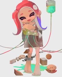  barefoot blue_hair chained_legs chains closed_eyes colored_skin commentary female full_body gradient_hair green_skin grey_shirt head_tilt highres intravenous_drip li04r long_hair multicolored_hair octoling octoling_girl octoling_player_character open_mouth red_hair shirt simple_background solo splatoon_(series) standing tentacle_hair thick_eyebrows toy two-tone_hair white_background 