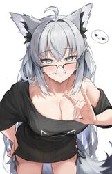  ahoge animal_ear_fluff animal_ears aqua_eyes black-framed_eyewear black_shirt blush breasts cleavage female fox_ears fox_girl fox_shadow_puppet fox_tail glasses green_eyes hair_between_eyes highres hoangryu hololive large_breasts long_hair looking_at_viewer official_alternate_costume over-rim_eyewear see-through see-through_shirt semi-rimless_eyewear shirakami_fubuki shirakami_fubuki_(loungewear) shirt side-tie_shirt sidelocks simple_background smile solo tail two-tone_tail virtual_youtuber white_background white_hair 