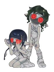  2girls black_hair bodysuit commentary_request d_o_l_d_ol full_body green_hair highres jelleton korean_commentary multiple_girls parallel_canon red_eyes shoes simple_background sitting sleeveless sleeveless_bodysuit splatoon_(series) splatoon_3 splatoon_3:_side_order standing white_background white_bodysuit white_footwear 