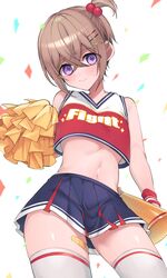  alternate_costume bandaid_on_thigh blush breasts cheerleader crop_top female hair_between_eyes hair_bobbles hair_ornament highres holding holding_pom_poms kimi_no_koto_ga_dai_dai_dai_dai_daisuki_na_100-nin_no_kanojo kngu0511 light_brown_hair looking_at_viewer megaphone midriff navel nervous_smile pleated_skirt pom_pom_(cheerleading) purple_eyes short_hair side_ponytail skirt small_breasts smile solo sutou_iku thighhighs white_thighhighs 