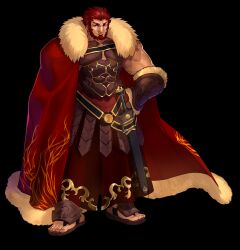  1boy absurdres ancient_greek_clothes armor bara beard belt breastplate cape clothing_cutout dark-skinned_male dark_skin facial_hair fate/extella fate/extra fate/grand_order fate_(series) front_slit full_body fur-trimmed_cape fur_trim greco-roman_clothes hand_on_own_hip highres iskandar_(fate) leather looking_at_viewer male_focus mature_male muscular muscular_male official_art pectorals red_cape red_eyes red_hair sandals smile solo transparent_background wada_arco 