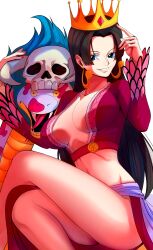  absurdres black_hair blue_eyes boa_hancock breasts cleavage coolb_art crop_top crossed_legs crown fangs female highres long_hair long_sleeves one_piece plunging_neckline salome_(one_piece) sash sidelocks simple_background skull smile snake tongue tongue_out white_background 