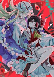  2girls absurdres ascot black_hair blonde_hair choker closed_mouth commentary_request detached_sleeves dress folded_fan folding_fan foot_out_of_frame frilled_hair_tubes frilled_skirt frills gap_(touhou) gohei hair_between_eyes hair_tubes hakurei_reimu hand_fan hand_up hat highres hitomin_(ksws7544) holding holding_fan holding_gohei holding_ofuda knee_up long_hair looking_at_another mob_cap multiple_girls ofuda okobo parted_lips purple_dress purple_eyes red_eyes red_ribbon red_skirt red_vest ribbon ribbon_choker sandals shide skirt smile touhou vest white_hat white_sleeves wide_sleeves yakumo_yukari yellow_ascot 