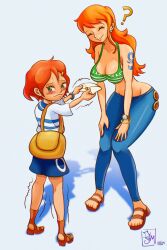  2girls age_difference bangle bikini blue_shorts blush bracelet breasts cleavage denim earrings green_bikini green_eyes hair_ornament hairclip highres holding holding_letter jeans jewelry large_breasts letter log_pose lolicon long_hair metalytar multiple_girls nami&#039;s_fangirl nami_(one_piece) navel one_piece one_piece_fan_letter orange_hair pants pearl_earrings sandals sash shirt short_hair shorts shoulder_tattoo simple_background smile swimsuit t-shirt tattoo trembling trembling_legs yellow_sash 