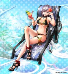  adamastos_(phantom_of_the_kill) beach_chair bikini black_bikini black_footwear black_nails chains company_name crossed_legs cup drinking_glass drinking_straw female flower full_body grey_hair hair_flower hair_ornament hand_on_own_cheek hand_on_own_face head_rest high_heel_sandals holding holding_cup leg_up looking_at_viewer official_alternate_costume official_art on_chair phantom_of_the_kill purple_eyes red_flower second-party_source seqet-aru sitting solo swimsuit thigh_strap 